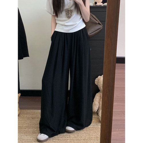 Korean style lazy fashion solid color loose waist casual pants for women summer high waist loose straight tube slim wide leg pants 