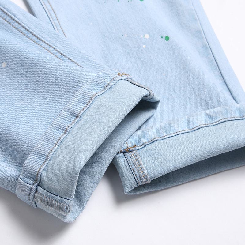 Men's Elastic Knee Ripped Patchwork Jeans New Denim Pants_mkmklike.com