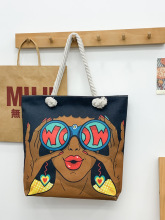 源创巴特彩绘画手工包卡通麻帆布包大容量黑人美女跨境新品托特包