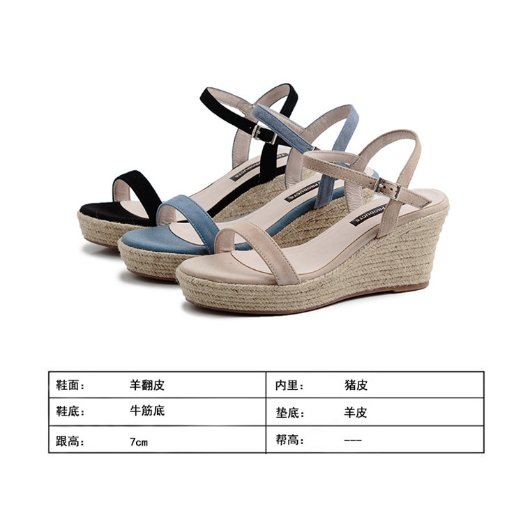 Sandal nữ quai ngang hở mũi gót cao 7 cm đế rơm — Màu đen chi tiết 5