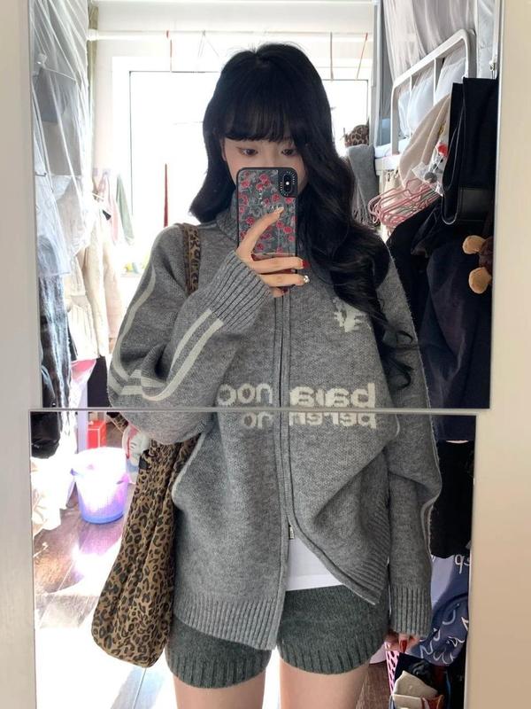 HUOTONG棒球风翻领拉链毛衣开衫女外套秋装新款韩版宽松针织衫|undefined