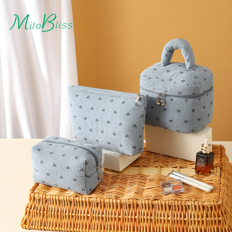新しいコーデュロイ桃心化粧バッグ大容量高级感ポータブル化粧品収纳バケツバッグ