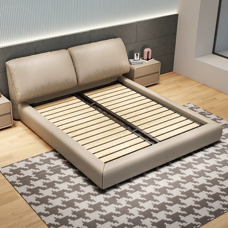 Cama de cuero de elefante de estilo minimalista italiano, cama principal moderna, paquete blando, 1.8 cama doble, marco de cama de madera maciza