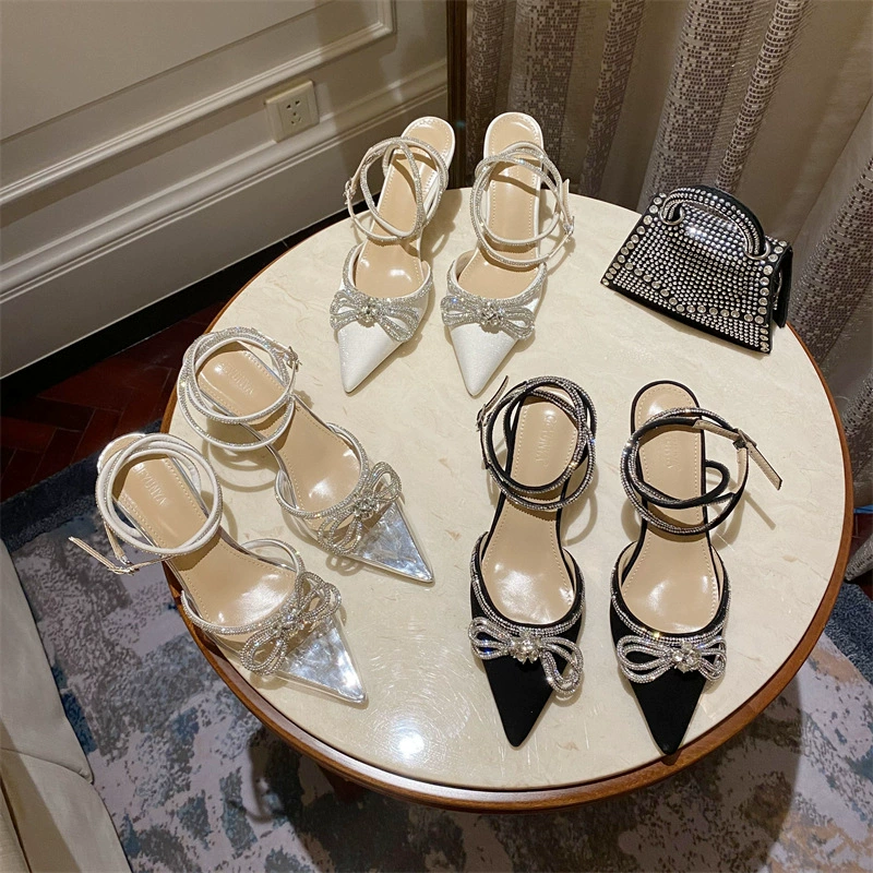2024 летние новые модные сандалии на тонком каблуке со стразами и бантом для внешней торговли, Интернет-знаменитостей, пустые женские туфли с завязками на спине