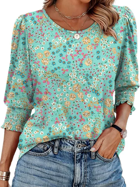 2026 Summer European and American Cross-Border Fashion Casual Printed Round Neck Three-Quarter Sleeve Women's Top with Gathered Cuffs