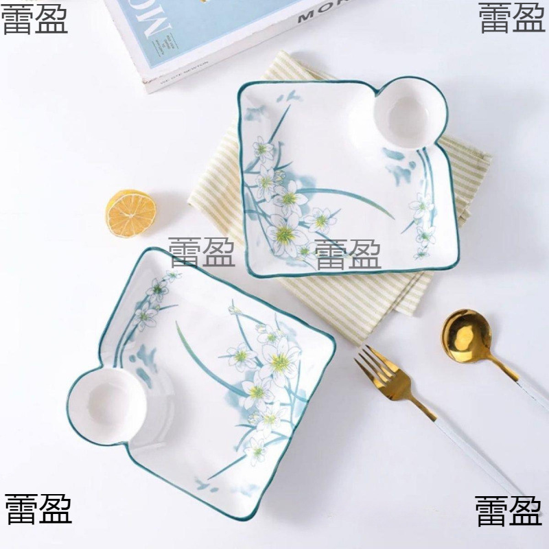 Ceramic Dumpling Plate with Vinegar Dish Household New Dumpling Plate Creative Shaped Dish Divided French Fries Plate