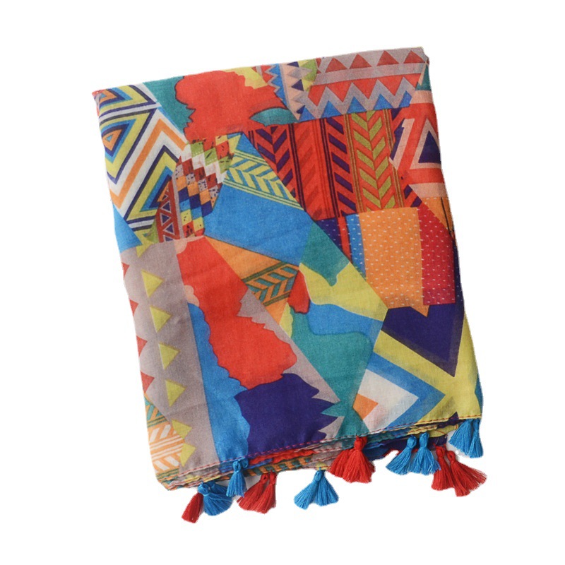 Nuevo estilo europeo y americano color brillante color geométrico a juego protector solar chal estilo coreano versátil algodón decorativo y lino bufanda viaje playa toalla