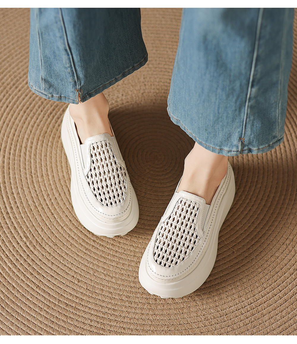 Giày sandal cao gót nữ hở mũi đế dày da thật mũi tròn phong cách lười — màu đen, màu trắng ngà chi tiết 16