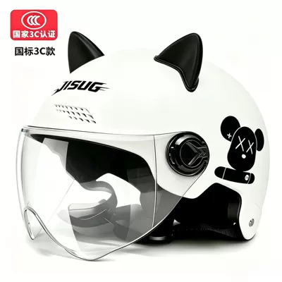 Electric Vehicle Helmet, Motorcycle Helmet for Men, Cute Cat Ear Helmet, Electric Vehicle Helmet for Women, Summer Sun Protection Lenses, Anti-Uv Face Protection (Motosiklet kaskı (dəbilqə)) - white-reinforced-transparent-short-black-cat-ears-violent-bear