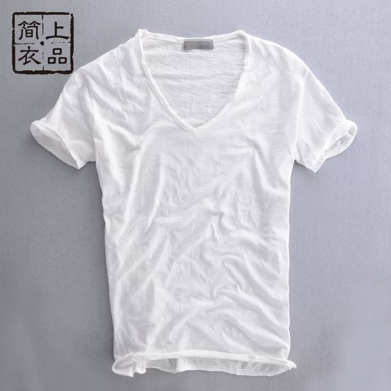 Летняя мужская футболка с короткими рукавами из бамбукового хлопка, простая однотонная футболка в европейском и американском стиле с v-образным вырезом, тонкая футболка с необработанными краями