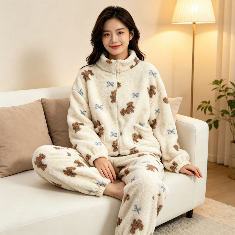 Women's coral fleece pajama set, new autumn and winter style, cute bear print, home wear, thickened and fleece-lined, warm two-piece set