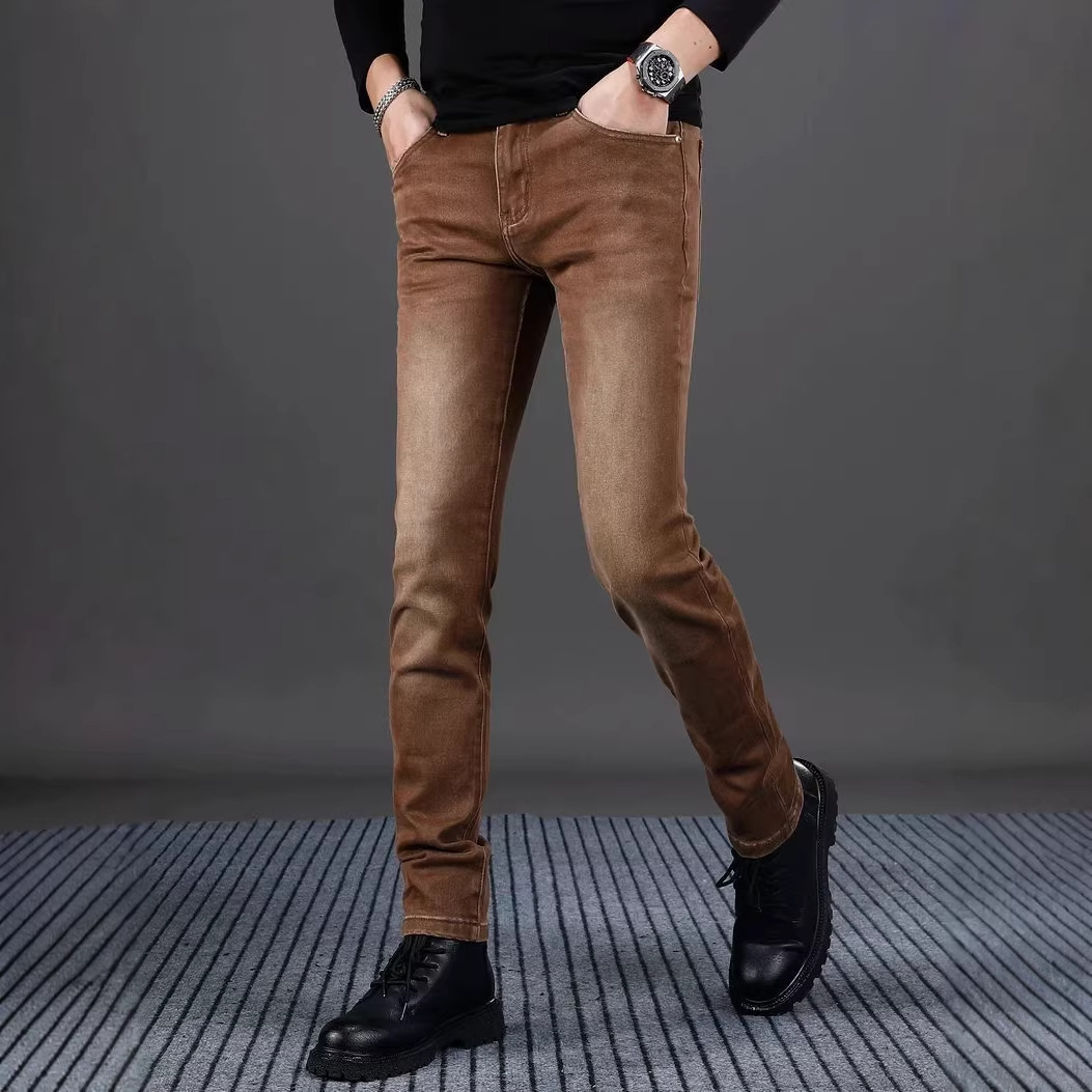 Men's Coffee Colored Slim Fit Jeans Casual Spring Style mid Waist Cotton Long Pants Black Gray Blue Wide Leg Skinny Jeans_voghion.com