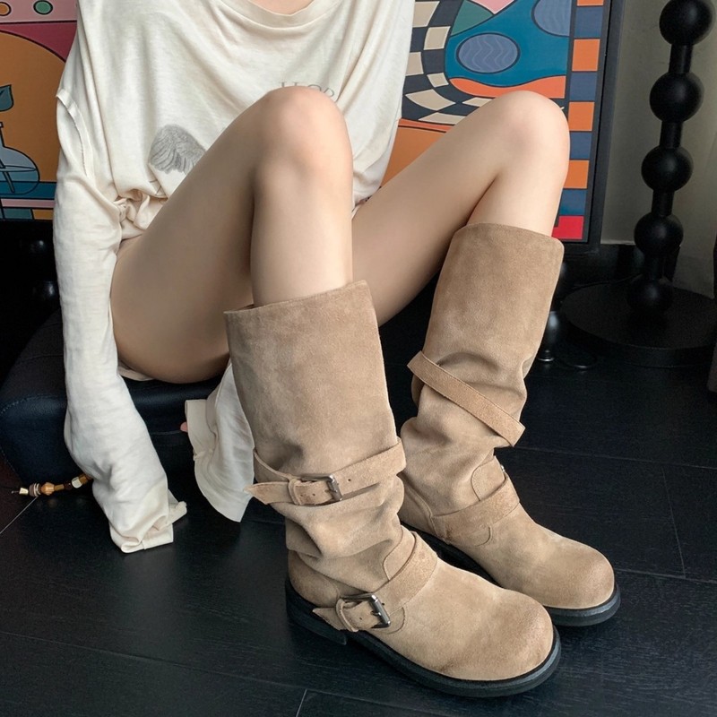 "炸街辣妹！"2025复古做旧长筒骑士靴女粗跟高筒靴工装不过膝长靴|undefined