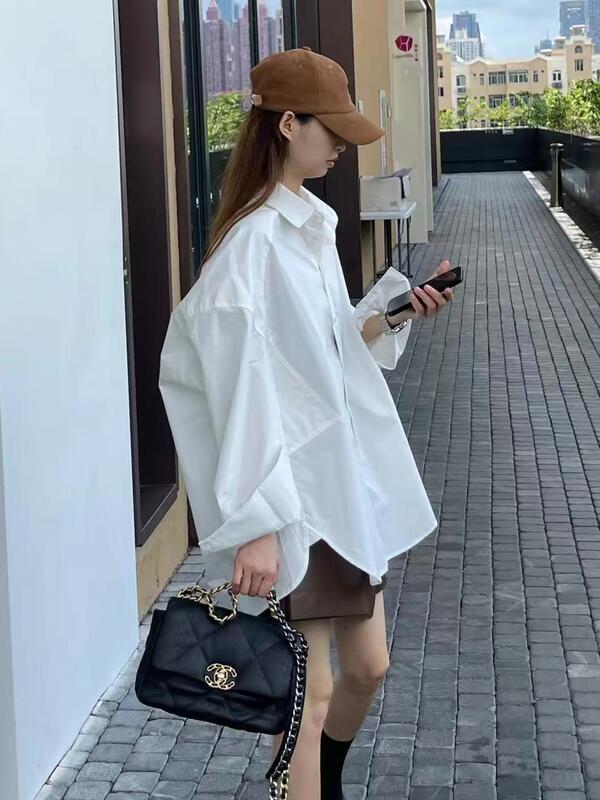 JYCCCCCC白色长袖衬衫女宽松纯色慵懒风早秋上衣女装日韩慵懒衬衫|undefined