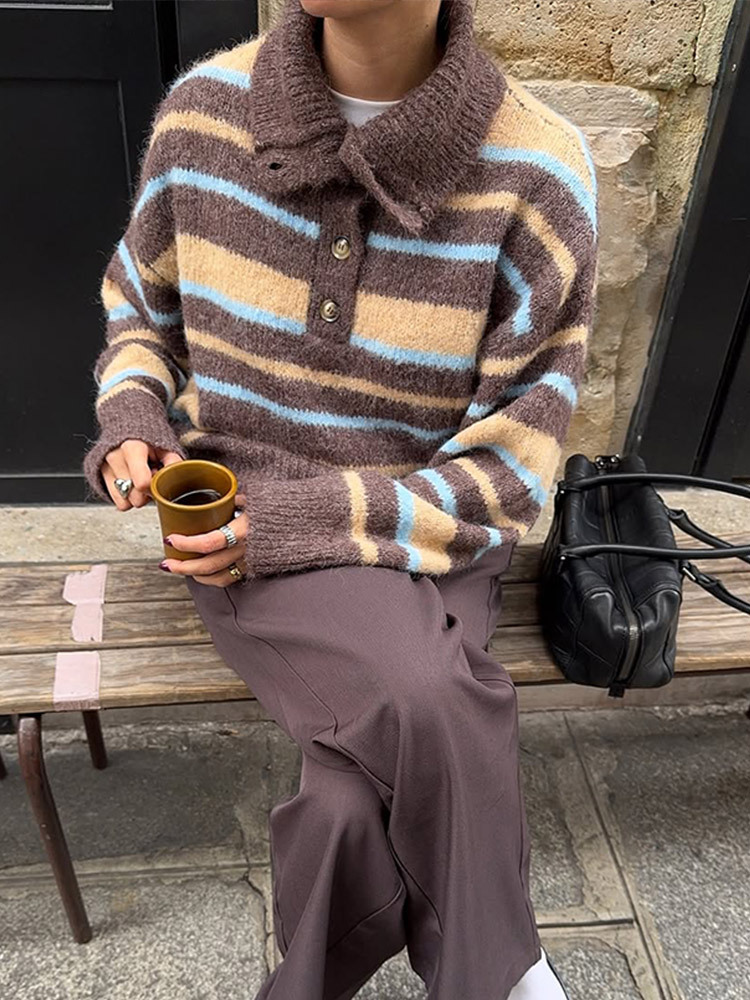 Nicho de diseño de moda con solapa suéter a rayas de manga larga 2025 nuevo otoño y invierno transfronterizo estilo europeo y americano