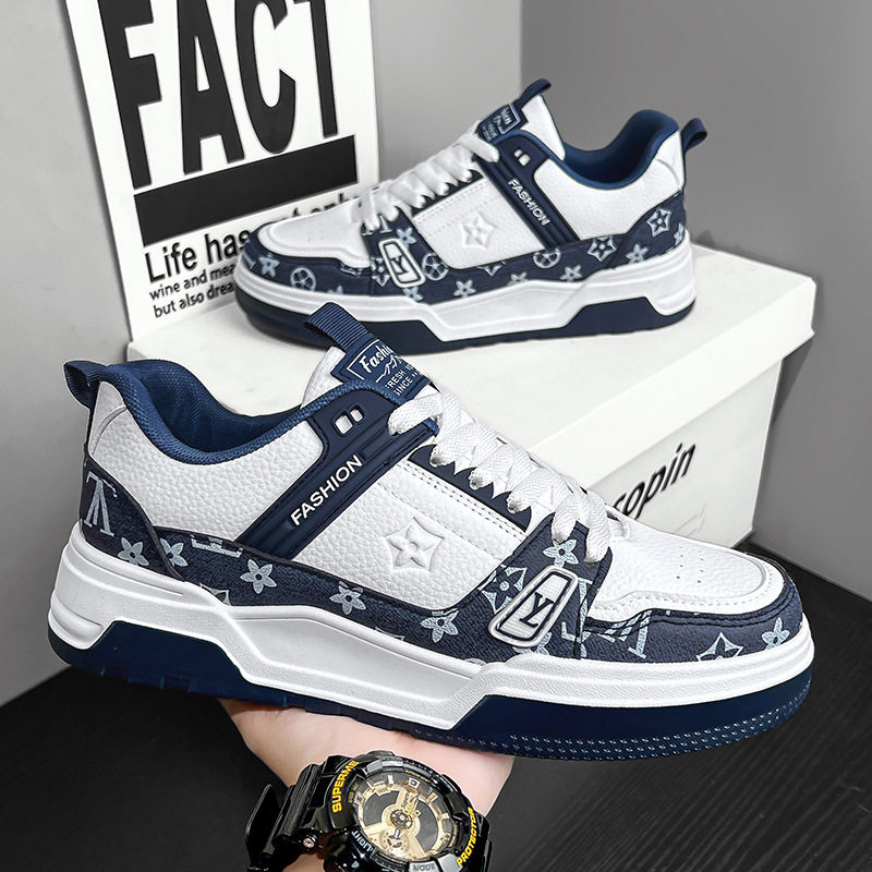 Giày sneaker nam da nhân tạo phối màu, đế bằng gót thấp 1–3 cm, dây buộc — Màu trắng màu cachi, Xanh trắng, Đen trắng