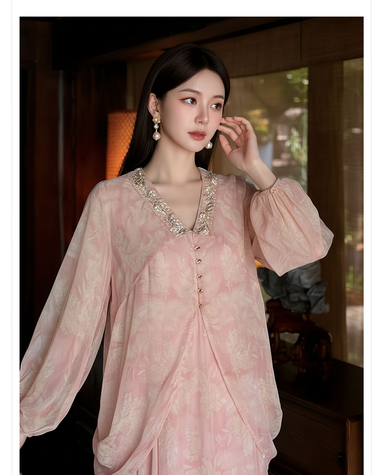 Đầm maxi nữ cổ V in hoa chất voan dài thắt eo thiết kế mùa hè — màu hồng chi tiết 4