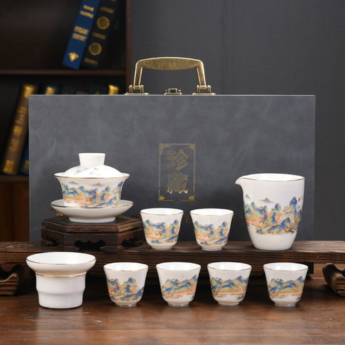 High-end mutton-fat jade white porcelain set, Kung Fu tea set, gold-painted bowl set, corporate gifts can be added with LOGO to send to customers