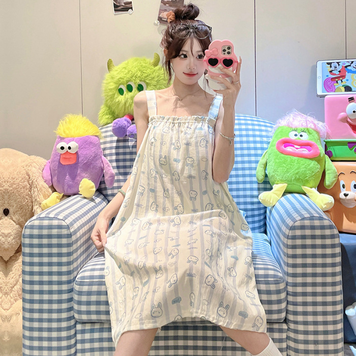 2025 nuevo pijama de hilo de algodón de nube camisón de verano para mujer linda niña dulce con cojín para el pecho servicio a domicilio