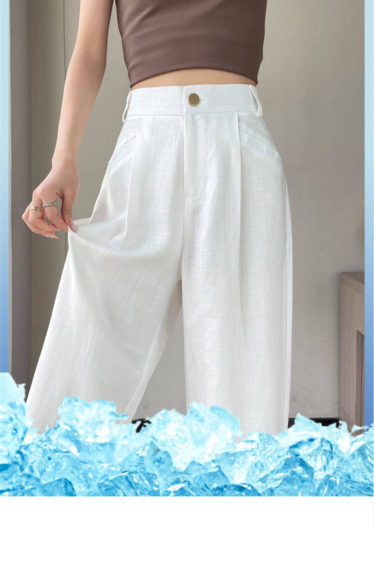 Quần culottes nữ ống rộng cạp cao vải linen cotton mỏng mùa hè — Màu đen thông thường chi tiết 16