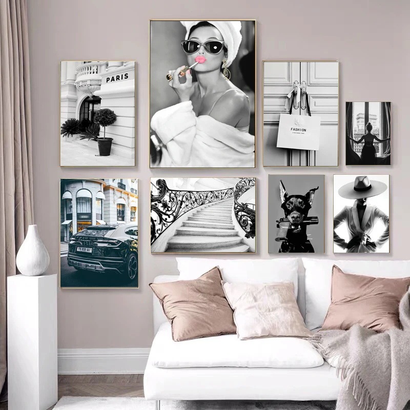 Black and White Coco Perfume Women's Car Poster Sofa Background Wall Light Luxury Decorative Painting Niche Hanging Painting Canvas Core Black and White Coco Perfume Women's Car Poster Sofa Background Wall Light Luxury Decorative Painting Niche Hanging Painting Canvas Core