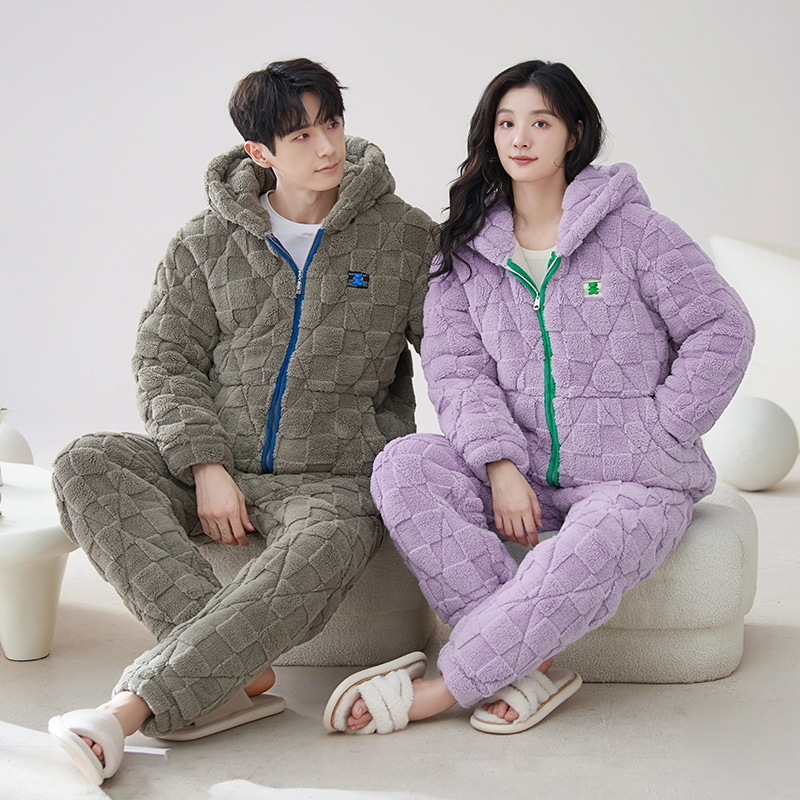 Nueva pareja de algodón acolchado pijamas hombres y mujeres de tres capas engrosadas de algodón acolchado cremallera collar soporte cremallera cálido hogar desgaste