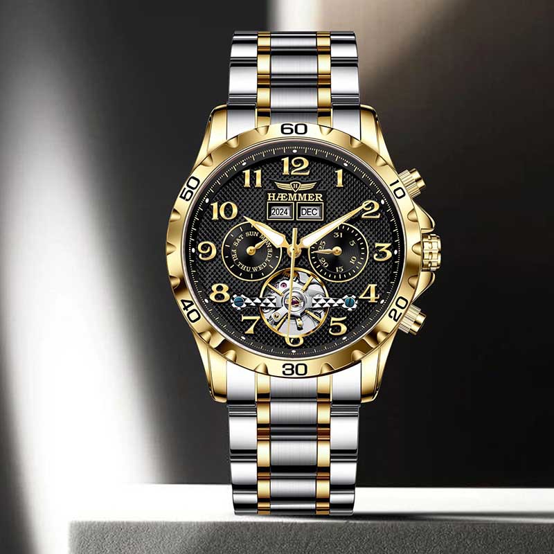 Đồng hồ nam automatic lộ máy dây thép — Dải thép đen, Dải thép trắng