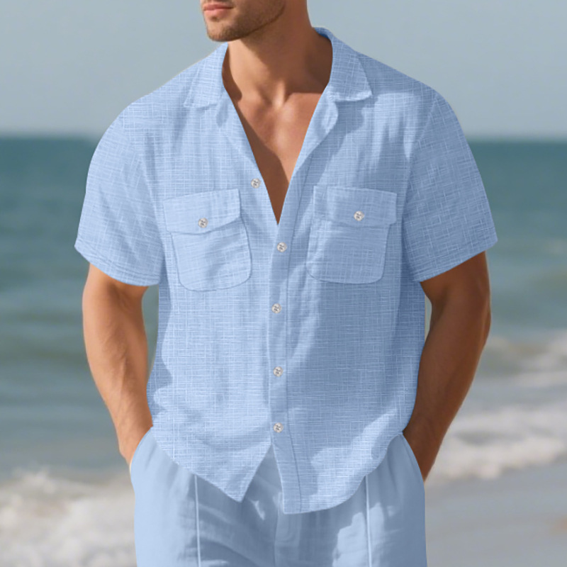 Chemise d'été à manches courtes pour homme, couleur unie, double poche, décontractée, pour les vacances_voghion.com