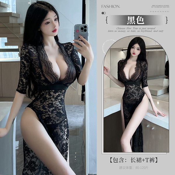 Ailurulu Factory Direct Sales Sexy Lingerie Sexy Long Dress Lace Temptation High Slit Mature Woman Hot Passion 8203