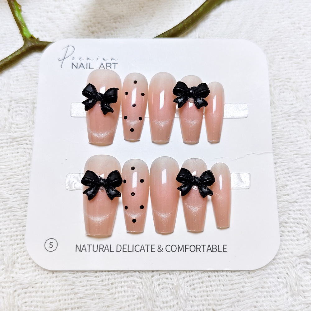 Polvo desnudo, arco negro, manicure dulce, lindo y juguetón, uñas de 10 piezas, parches de uñas falsas. image 3