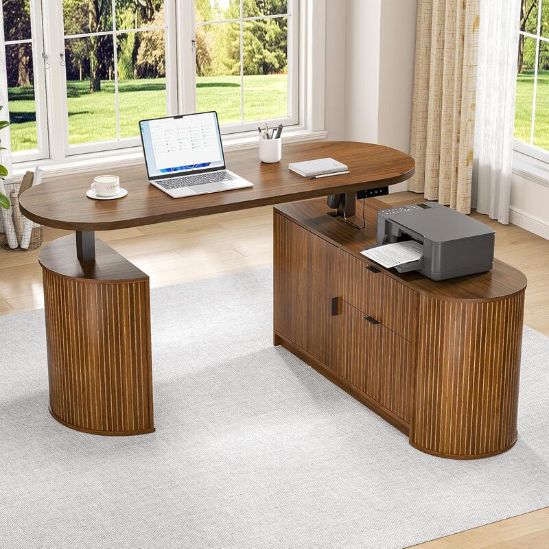Century Modern Style Electric L-Shaped Standing Desk Corner Sit-Stand Desk with File Drawer Century Modern Style Electric L-Shaped Standing Desk Corner Sit-Stand Desk with File Drawer