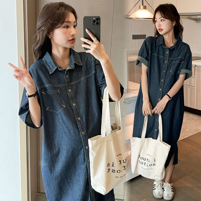 Maternity 2023 Summer Denim Dress Korean Slim Straight Straight Breastfeeding Shirt