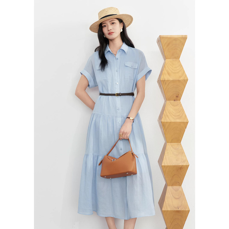 Free Belt 2026 Spring New Style Ramie Short-Sleeved Exquisite and Elegant Dress 1H4990541Q