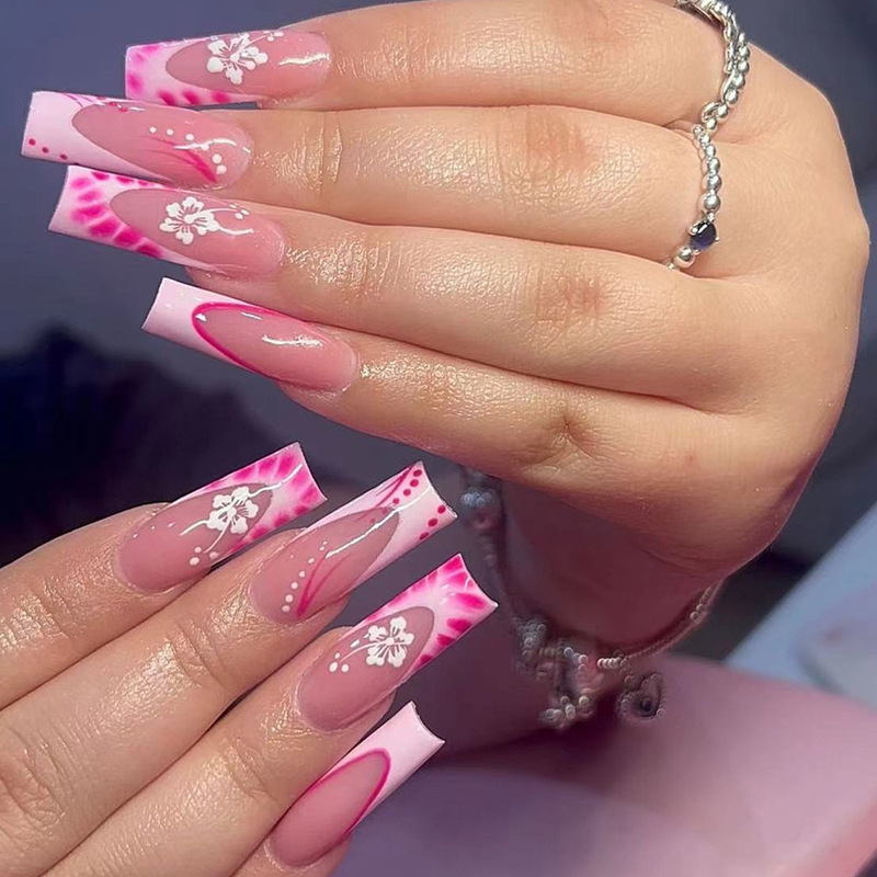 2024 Cute Long Water Pipe Pink Double Color French Water Ripple Flower Design Wear Nail Art Patch