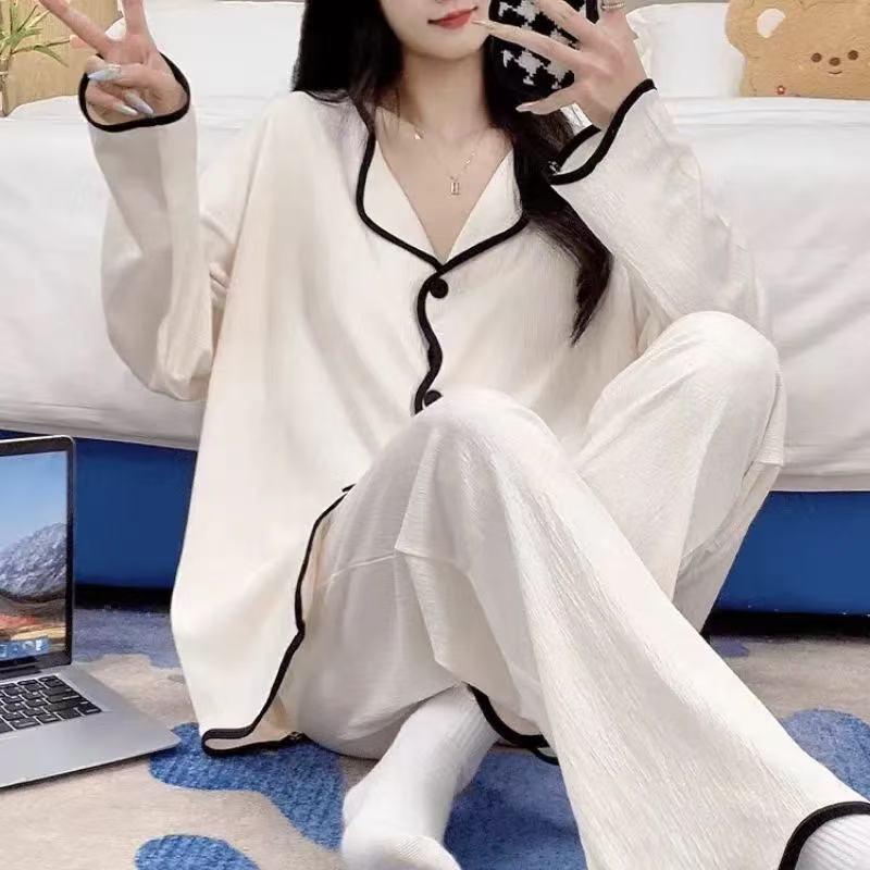 Cross-Border Padded Pajamas for Women, Spring, Summer and Autum, Picama Simple Long-Sleeved Fashionable White Home Wear Set