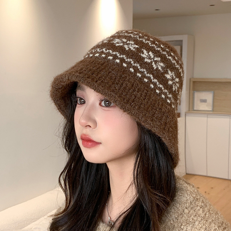 秋冬日系复古渔夫帽子女雪花针织盆帽加厚保暖百搭显脸小毛线帽潮|undefined
