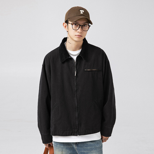 Retro Distressed Washed Bottom Detroit Jacket Men's Spring Japanese Loose Corduroy Patchwork Collar Jacket