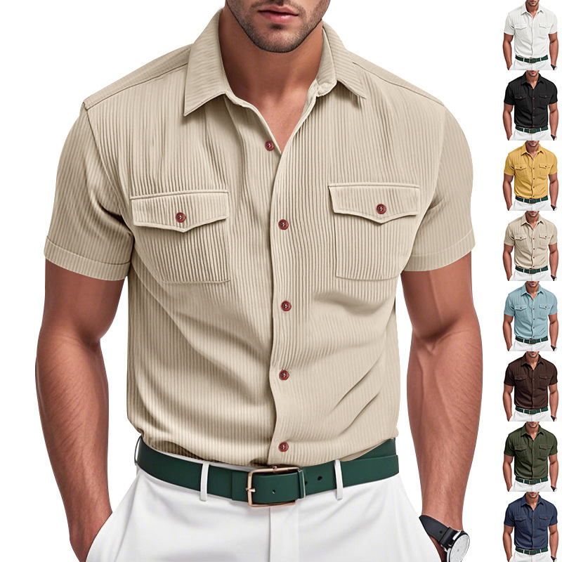 2025 Cross-border American Summer Men's Casual Outdoor Loose Heavy Lapping Corduroy Work Short-sleeved Shirt for Men
