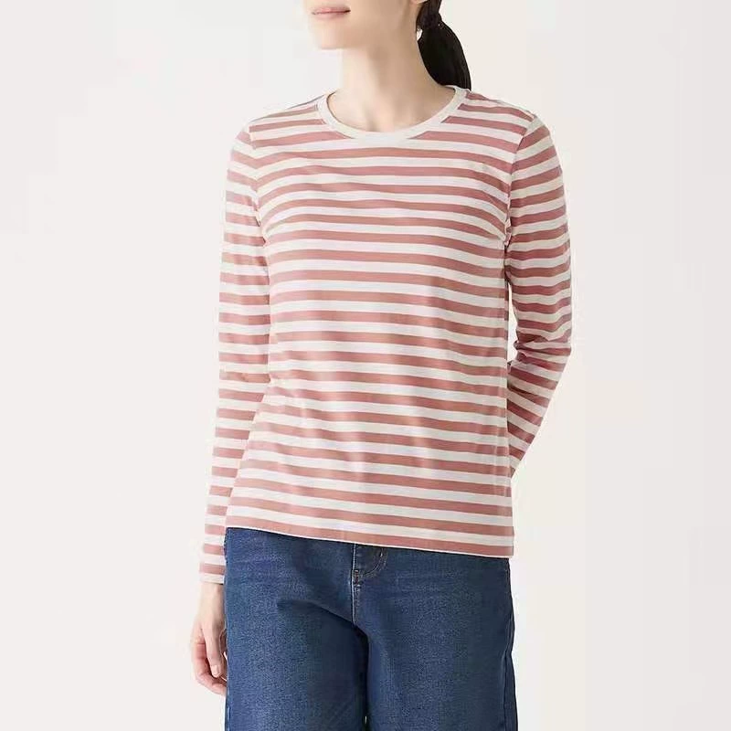 Японская футболка с длинными рукавами MUJI, Трикотажная хлопковая футболка в полоску, весенне-летняя Женская Базовая рубашка, топ, футболка