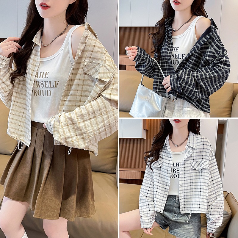 Trendy retro plaid shirt jacket for women, new spring and autumn style, unique design, loose and relaxed long-sleeved top