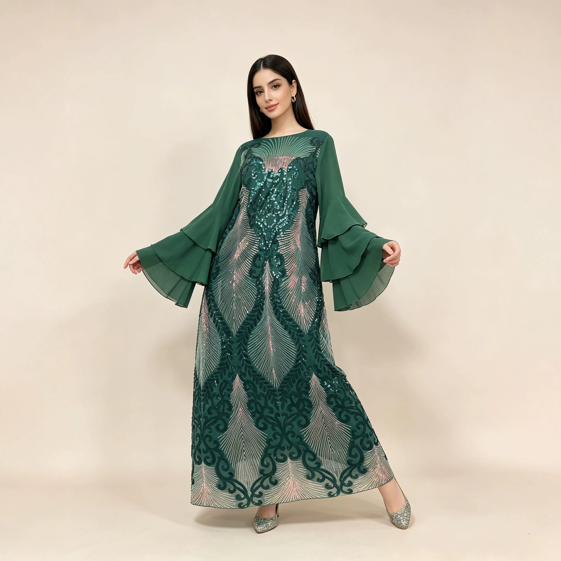 In-stock cross-border women's sequined mesh long robe dress, loose-fitting flared sleeves, wide hem, chiffon dress, elegant long dress for women.