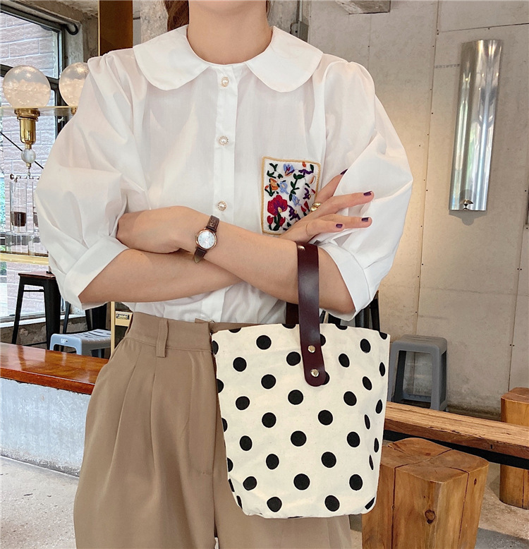 Daily, Shopping Occasion Women's Medium Canvas Round Dots Smile Face Cute Bucket Open Handbag