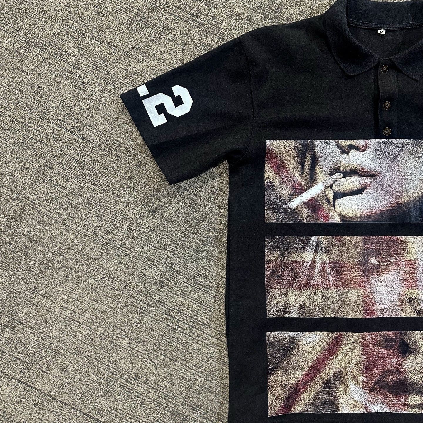 Y2K short-sleeved polo shirt/T-shirt with printed pattern, dark gothic vintage style, perfect for summer streetwear.