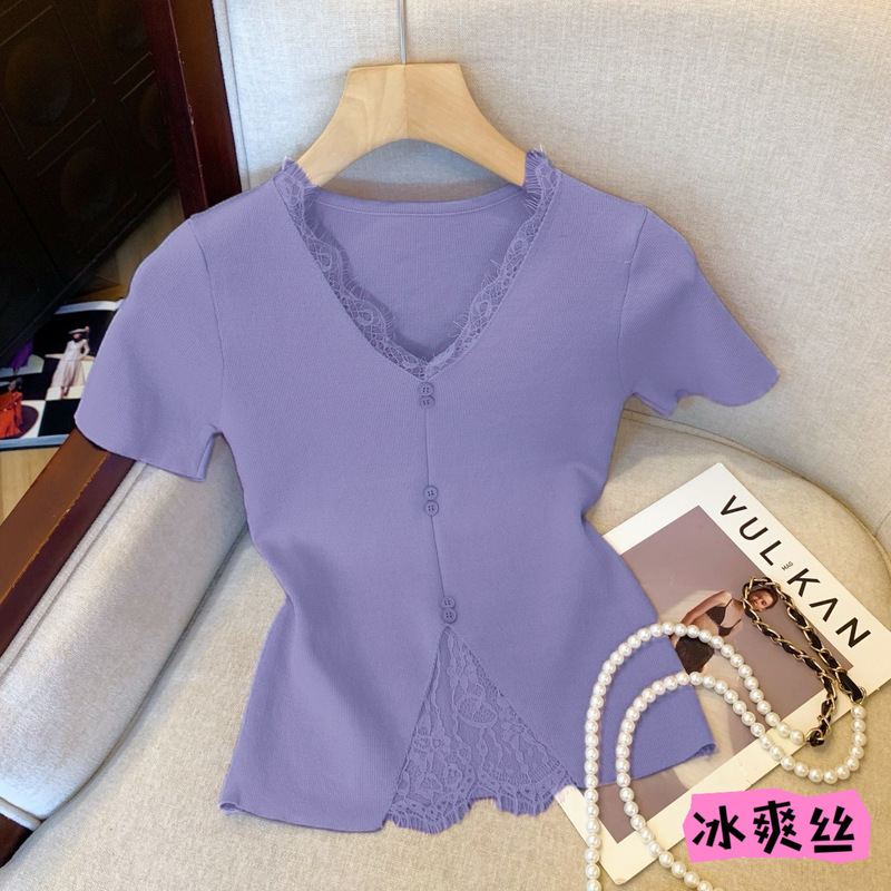 Dopamine Lace V-neck Short-sleeved Knitted Sweater Women's Summer Ice Silk Short T-shirt Spice Girls Split Purple Thin Top Dopamine Lace V-neck Short-sleeved Knitted Sweater Women's Summer Ice Silk Short T-shirt Spice Girls Split Purple Thin Top