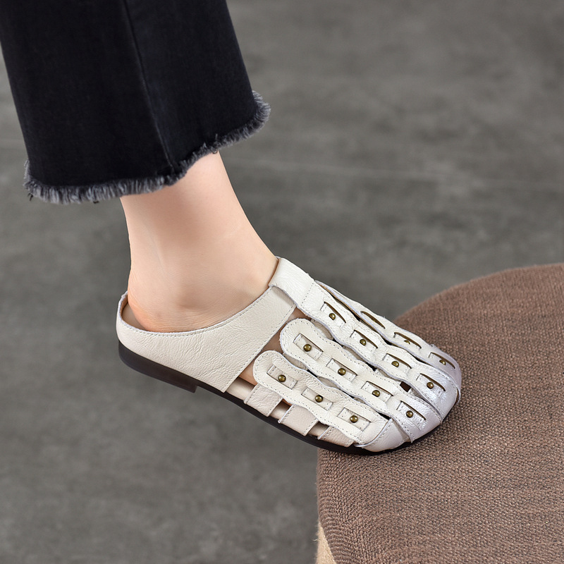First-Layer Cowhide Round-Toe Flat Slippers for Women 2026 Summer New Style Outdoor Genuine Leather Hollow-Out Soft-Soled Sandals First-Layer Cowhide Round-Toe Flat Slippers for Women 2026 Summer New Style Outdoor Genuine Leather Hollow-Out Soft-Soled Sandals