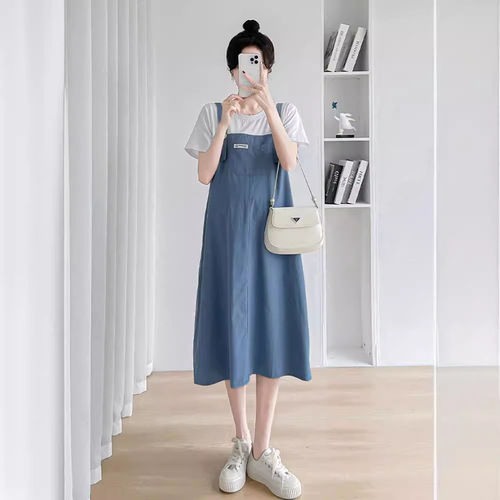 Maternity Summer Dress Fashionable Loose-Fitting Mid-Length Suspender Skirt with Fake Two-Piece Splicing Design