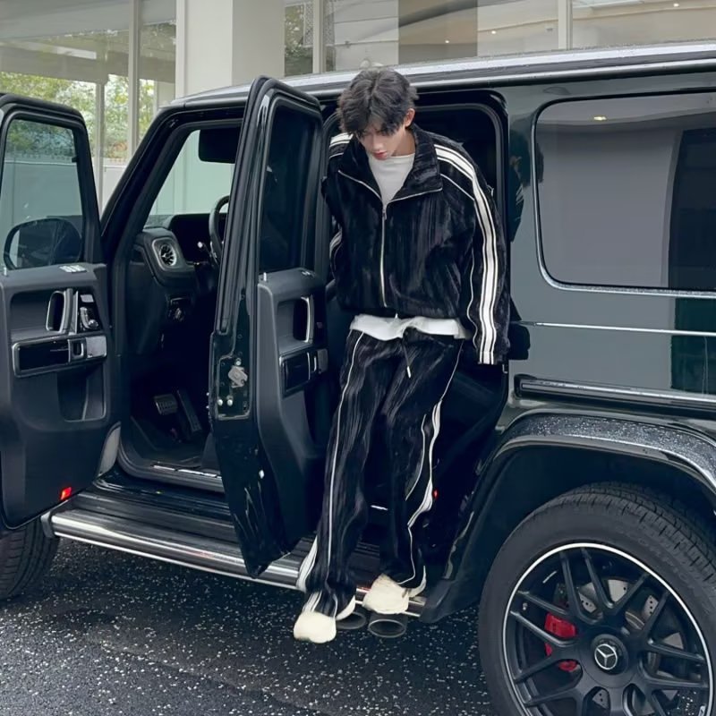 运动套装男复古美式重磅春秋季卫衣开衫外套条纹卫裤潮牌一套搭配