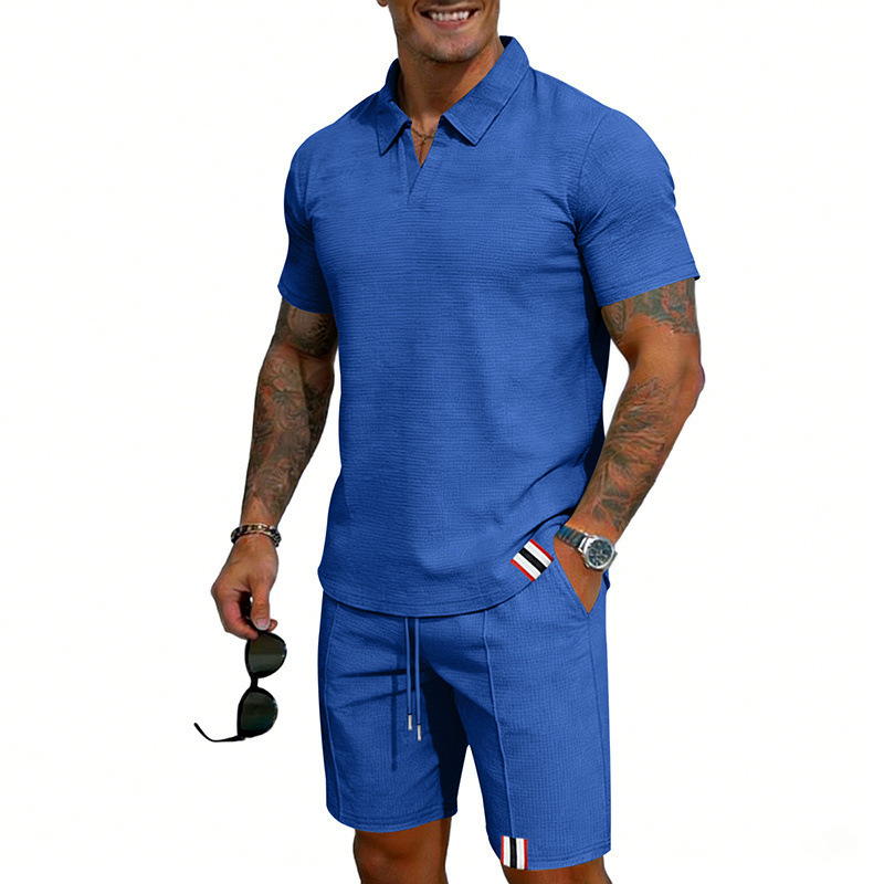 Men's Summer Waffle Knit Polo Shirt And Shorts Set, Casual Breathable Comfort Outfit For Daily Wear ​​Lightweight & Quick-Drying Fabric​_viptrois.com