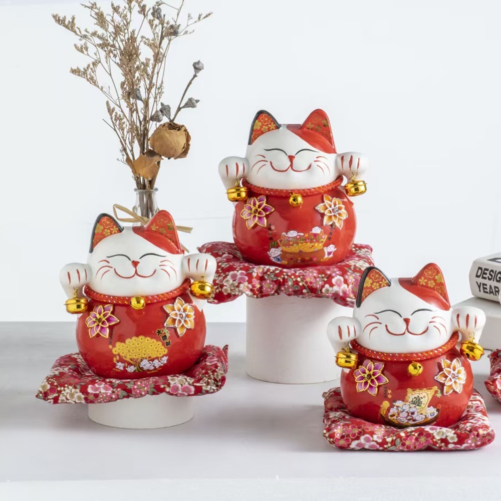 Estilo japonés gato afortunado 7-pulgadas rojo esmalte de Bell lindo cajero decoración hogar alcancía cerámica regalo de apertura