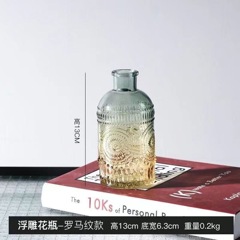 外国貿易卸売ライト高級ハイエンド小さな花瓶セットレトロレリーフフラワーアレンジメント装飾品透明ガラス花瓶|undefined